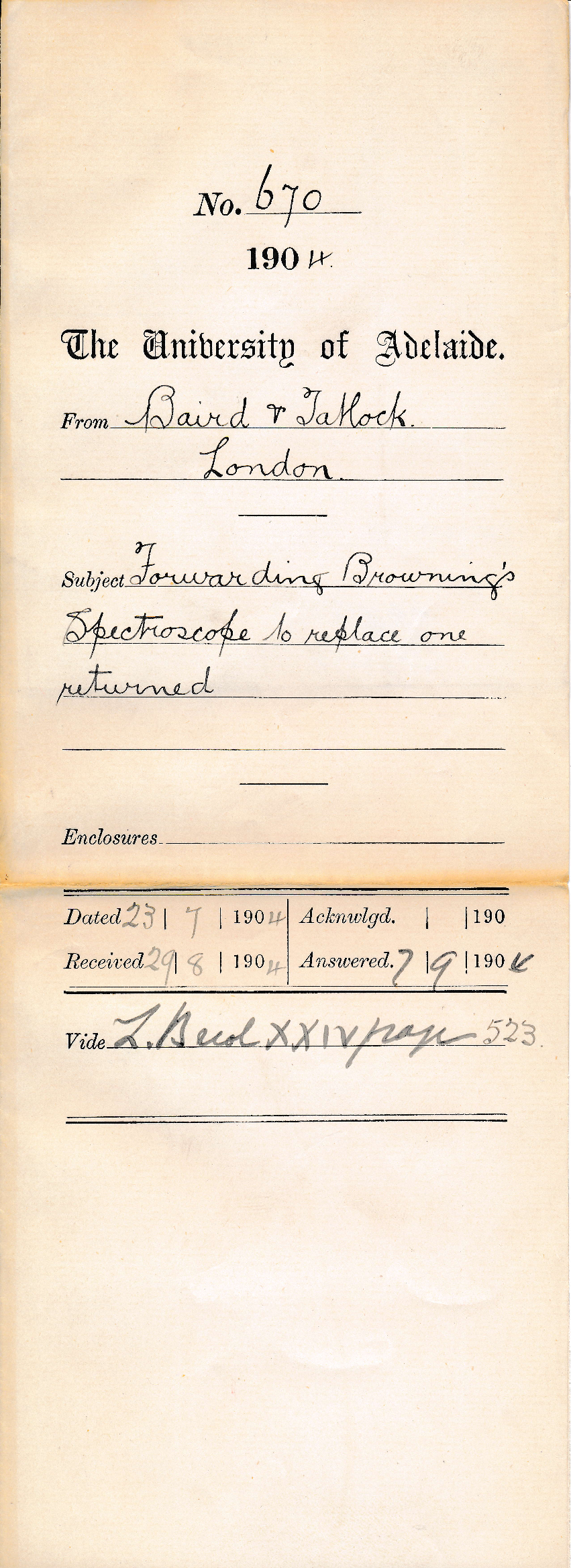 Forwarding Brownings Spectroscope to replace one returned