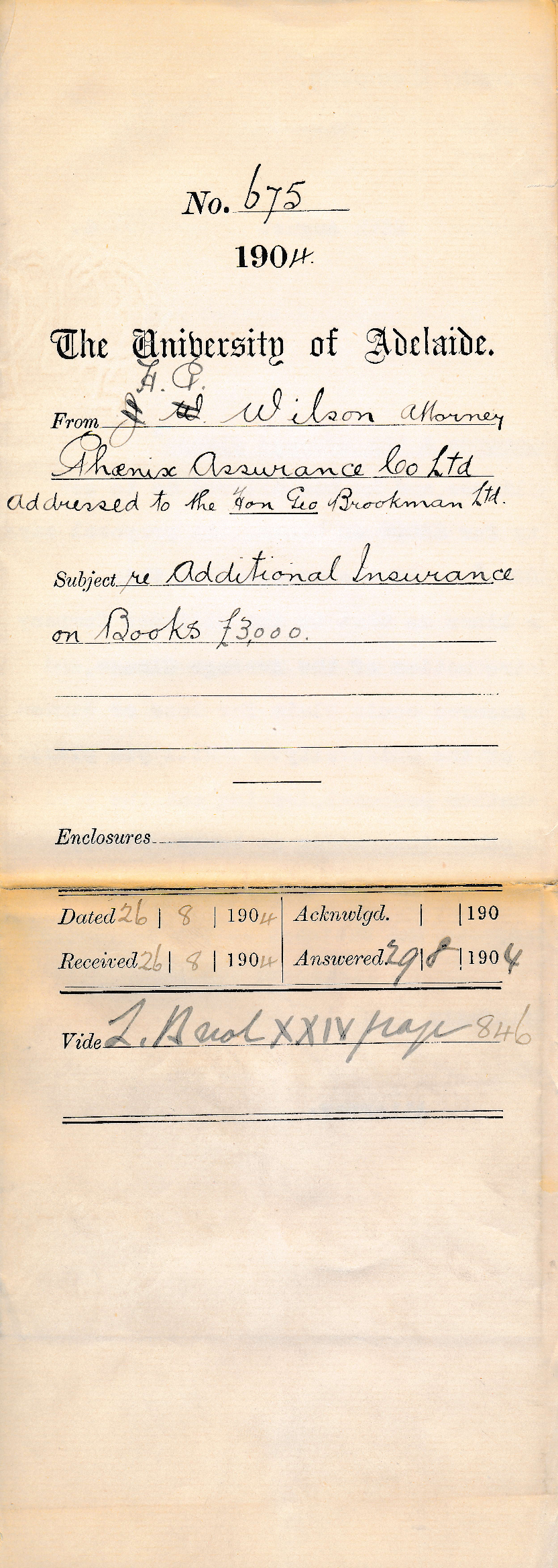 Addressed to the Hon Geo Brookman Limited - Re Additional Insurance on Books &pound;3000