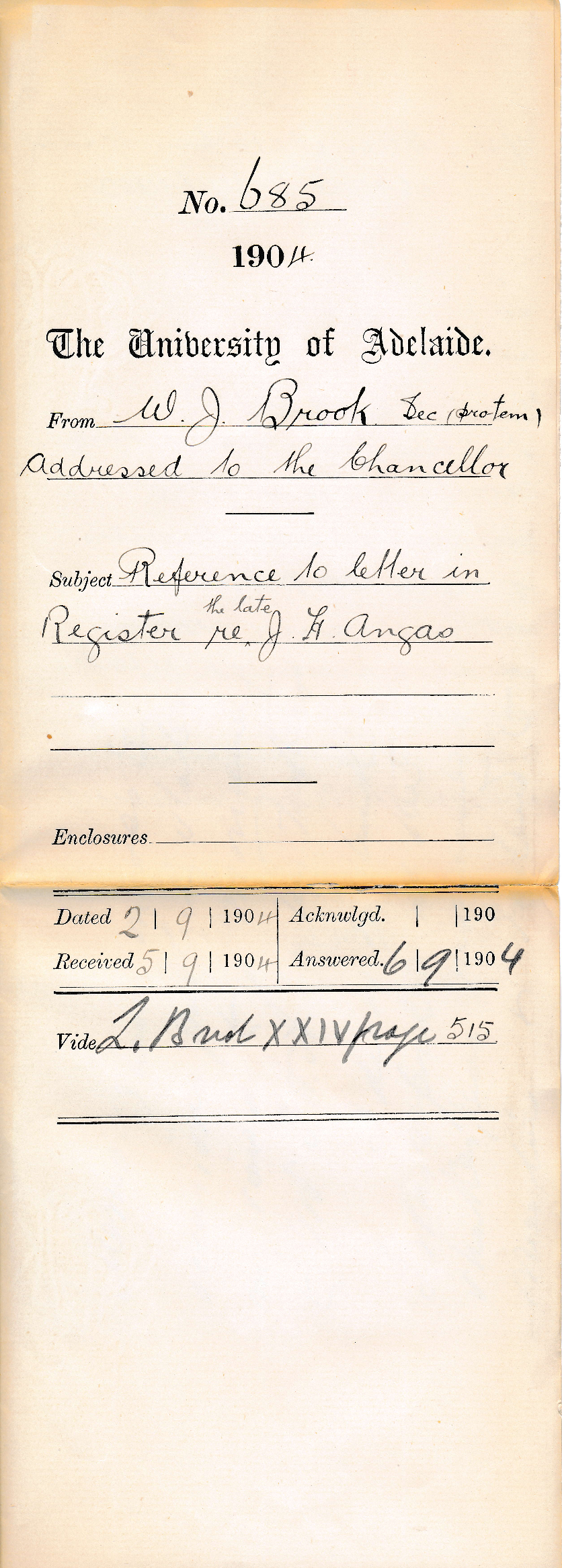 Reference to letter in Register re the late J H Angas