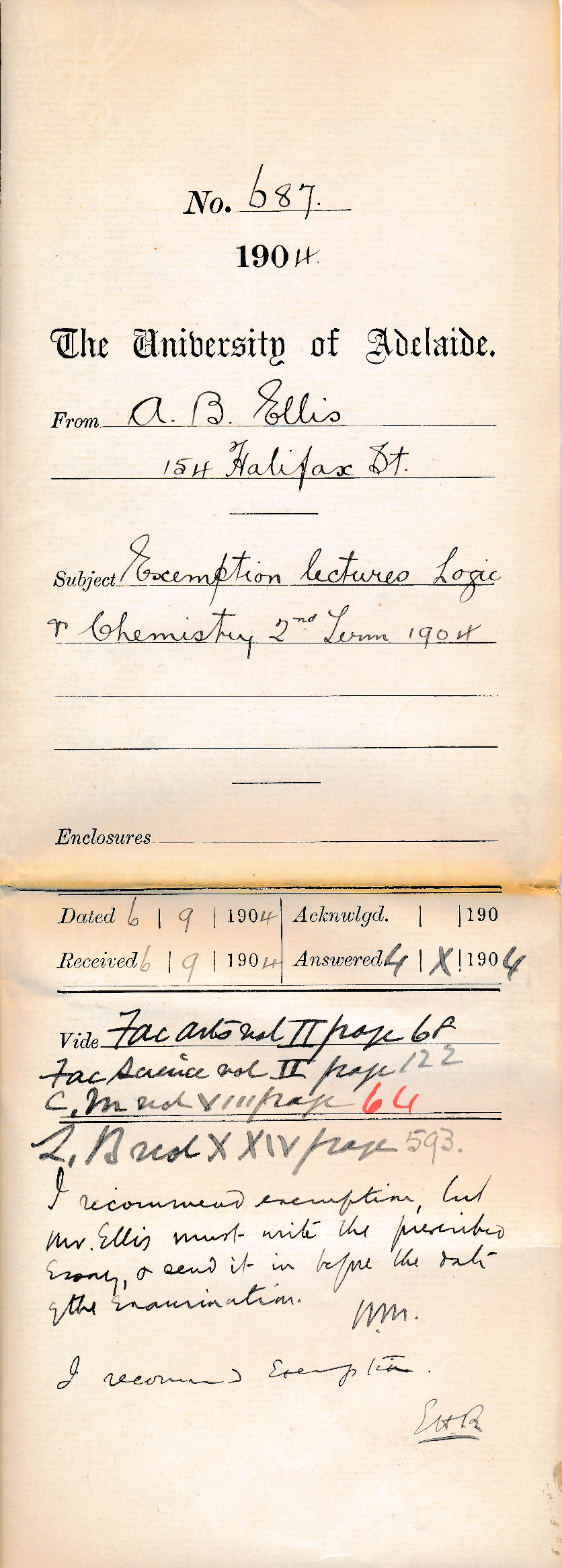 Exemption lectures Logic and Chemistry 2nd Term 1904