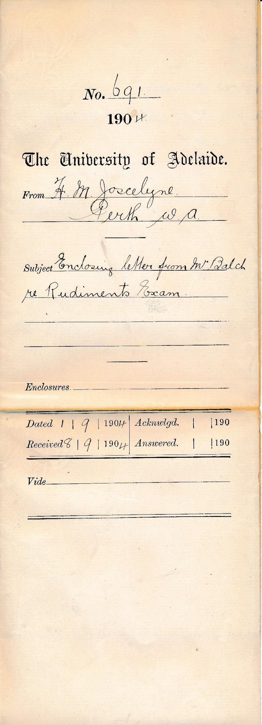 Enclosing letter from Mr Balch re Rudiments Exam