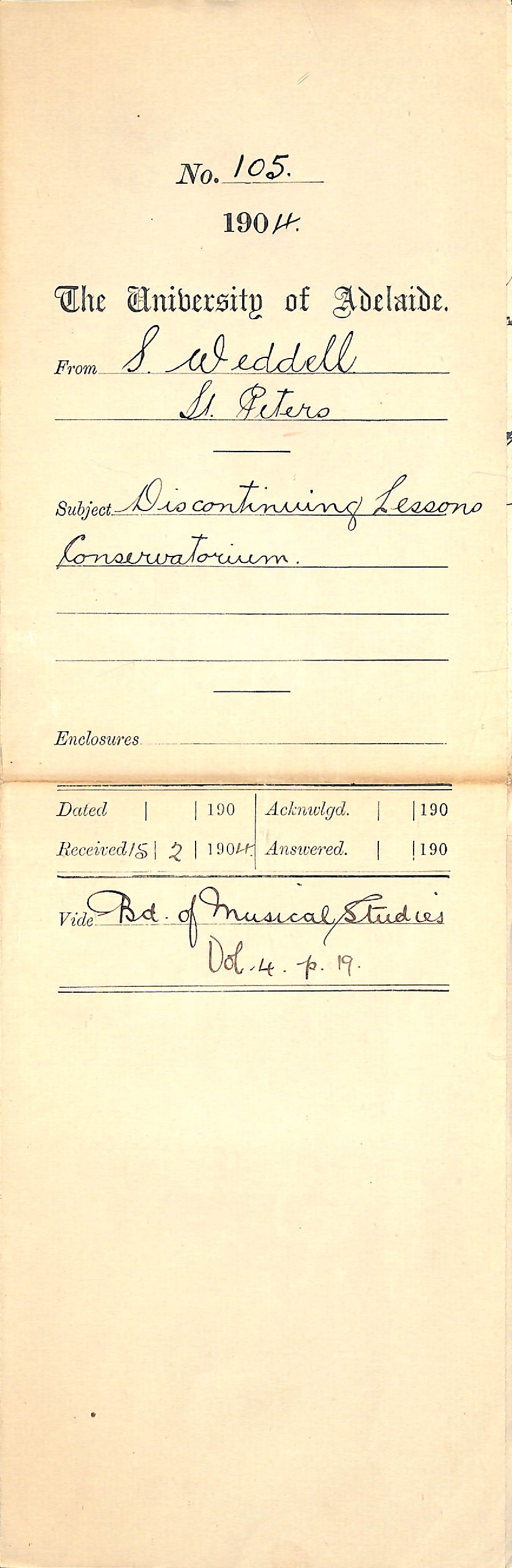 S Weddell - Discontinuing lessons at the Conservatorium