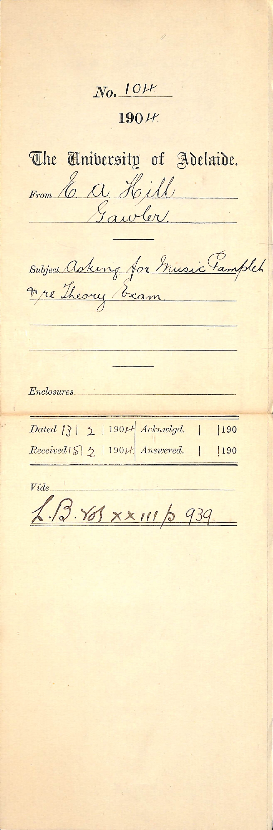 Asking for Music Pamphlet and re Theory Exam