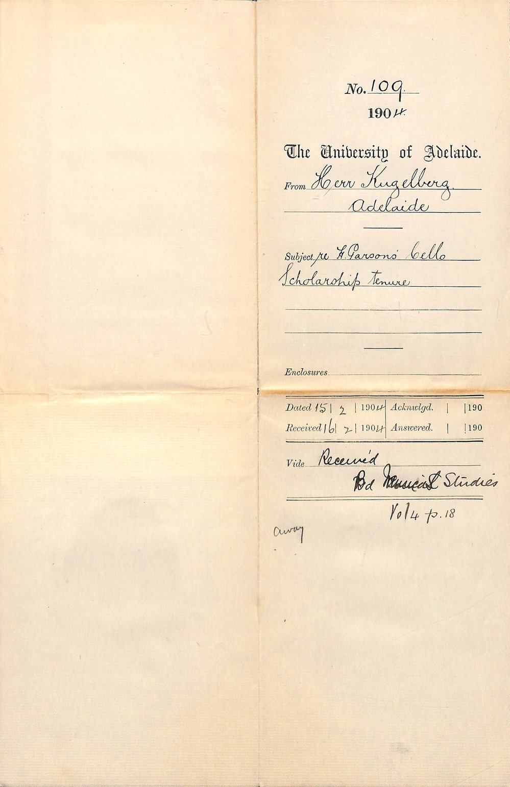 Regarding Mr Harold Parsons Cello Scholarship tenure