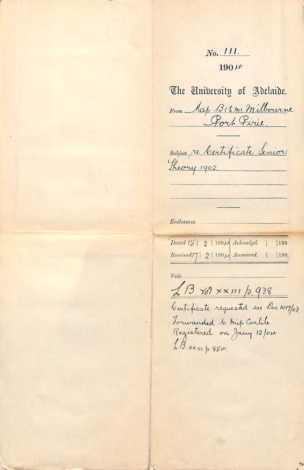 Certificate Senior Theory 1902