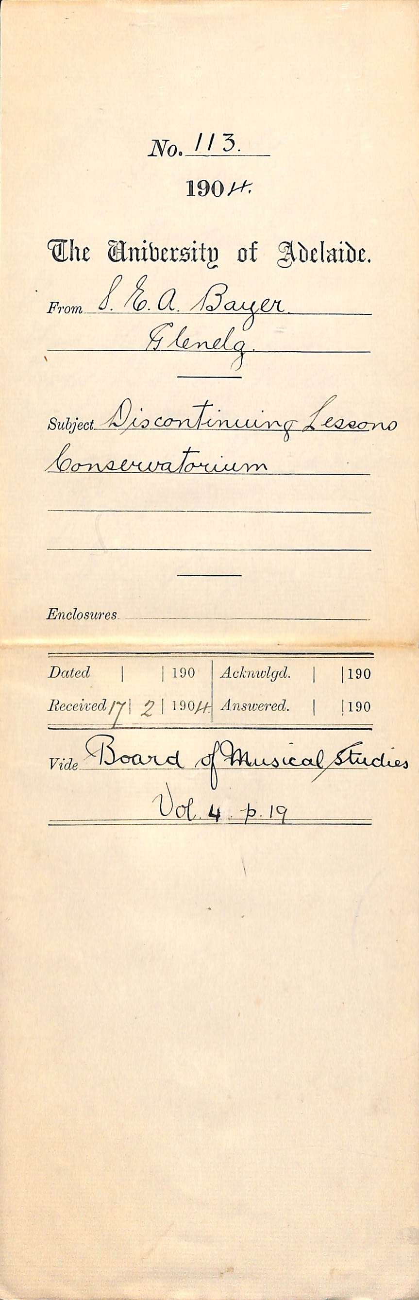 Discontinuing lessons at the Conservatorium - Bayer