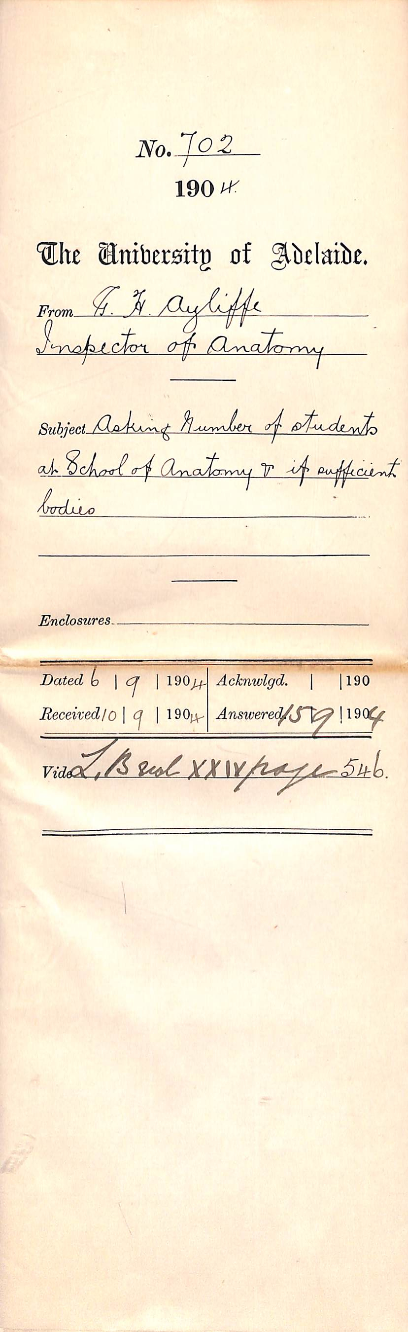 Asking if sufficient bodies for students, School of Anatomy