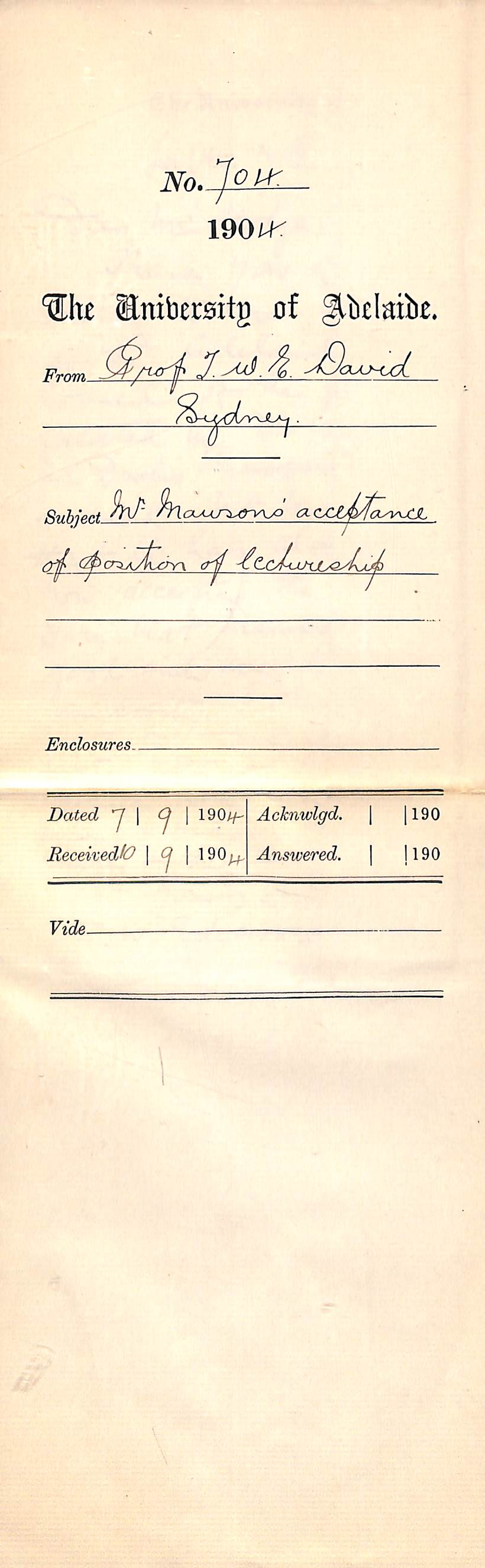 Mr Mawsons acceptance of position of Lectureship