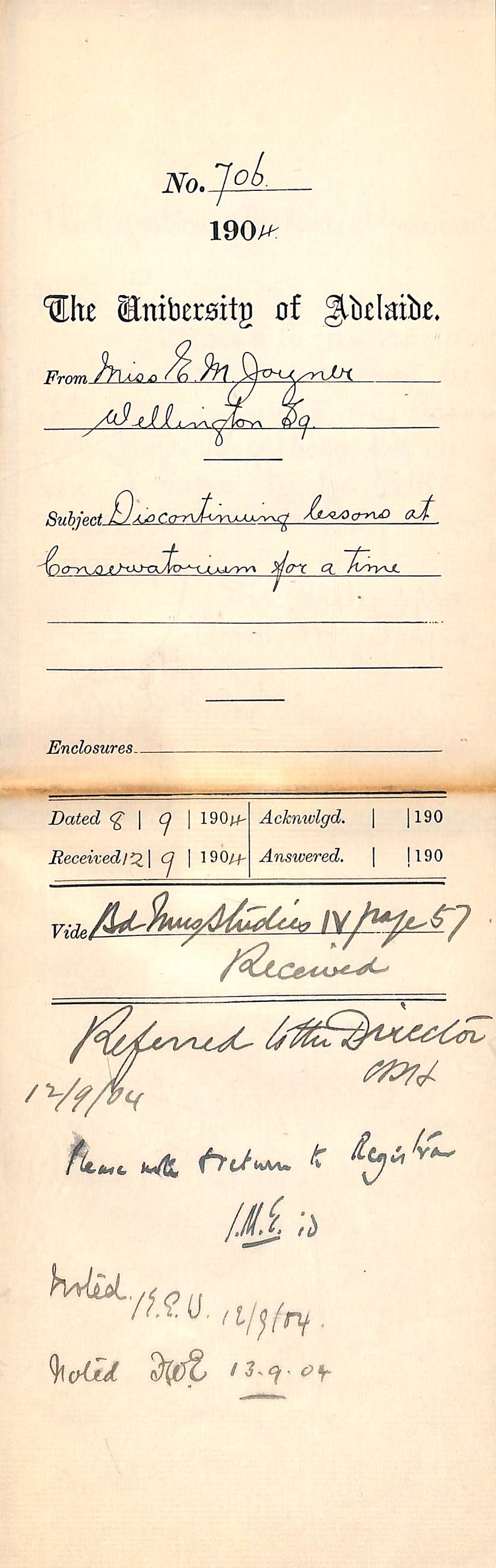 Discontinuing lessons at Conservatorium for a time