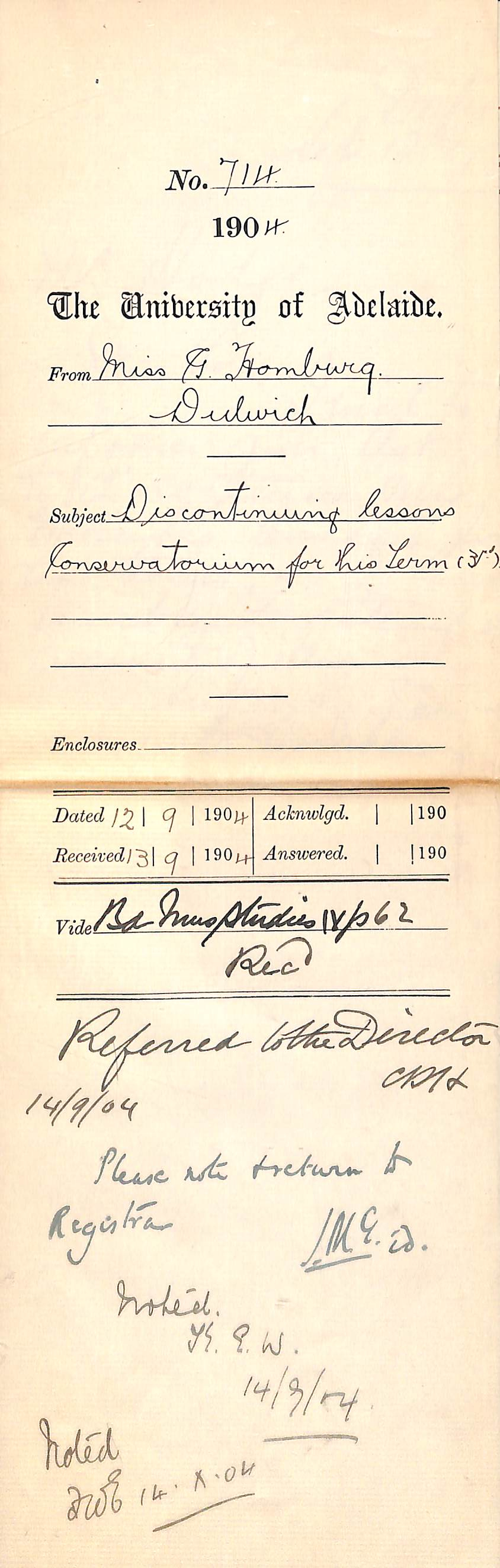 Discontinuing lessons Conservatorium for this Term 3rd