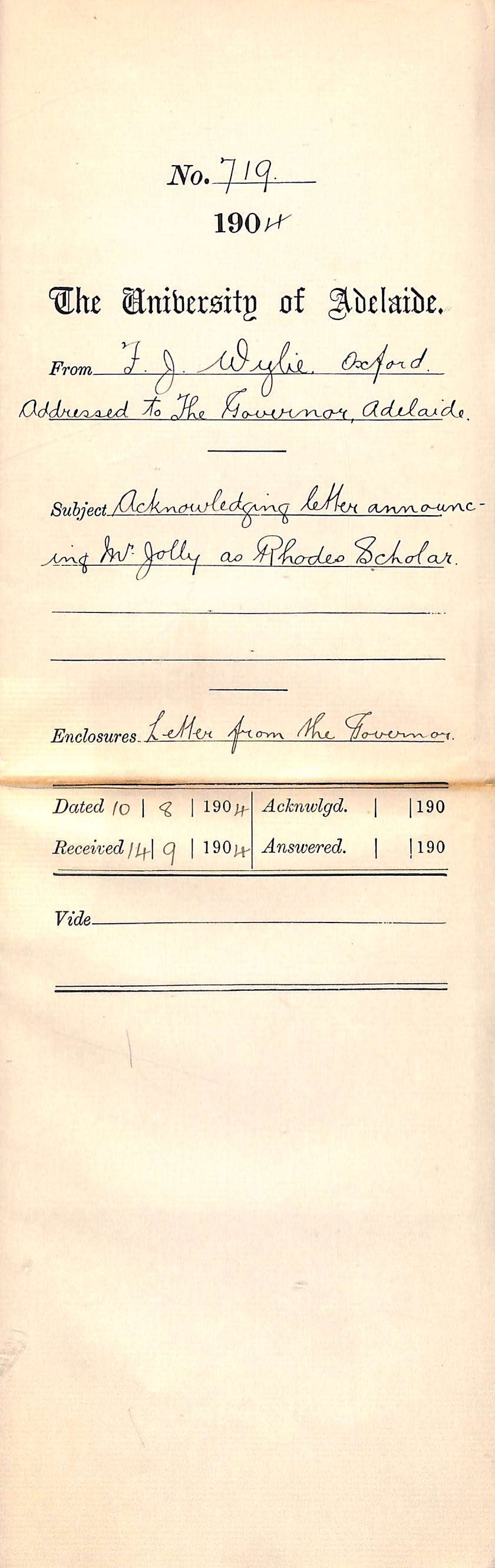 Acknowledging letter announcing Mr Jolly as Rhodes Scholar