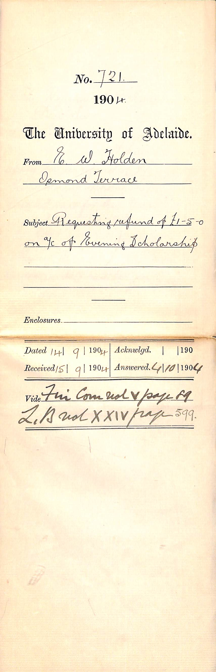 Requesting refund of &pound;1-5-0 on account of Evening Scholarship