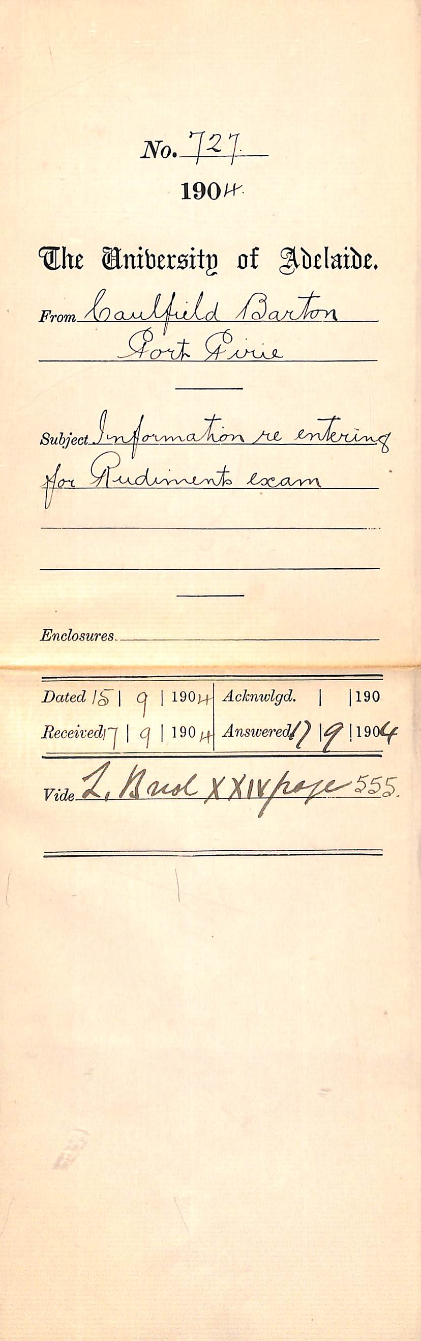 Information re entering for Rudiments Exam