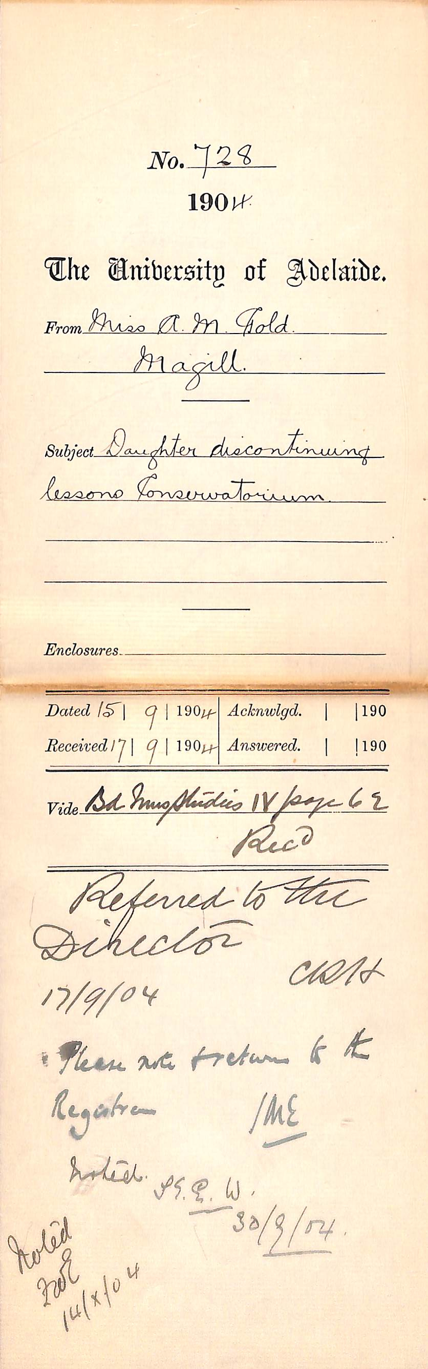 Daughter discontinuing lessons Conservatorium - Gold