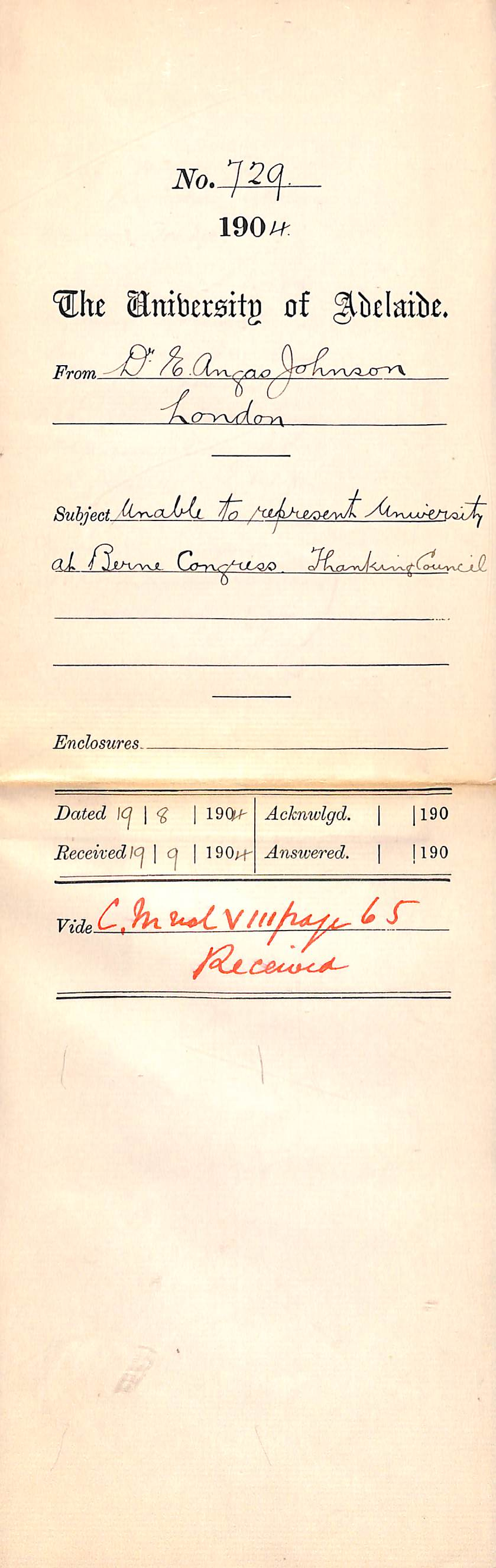 Unable to represent University at Berne Congress, thanking Council