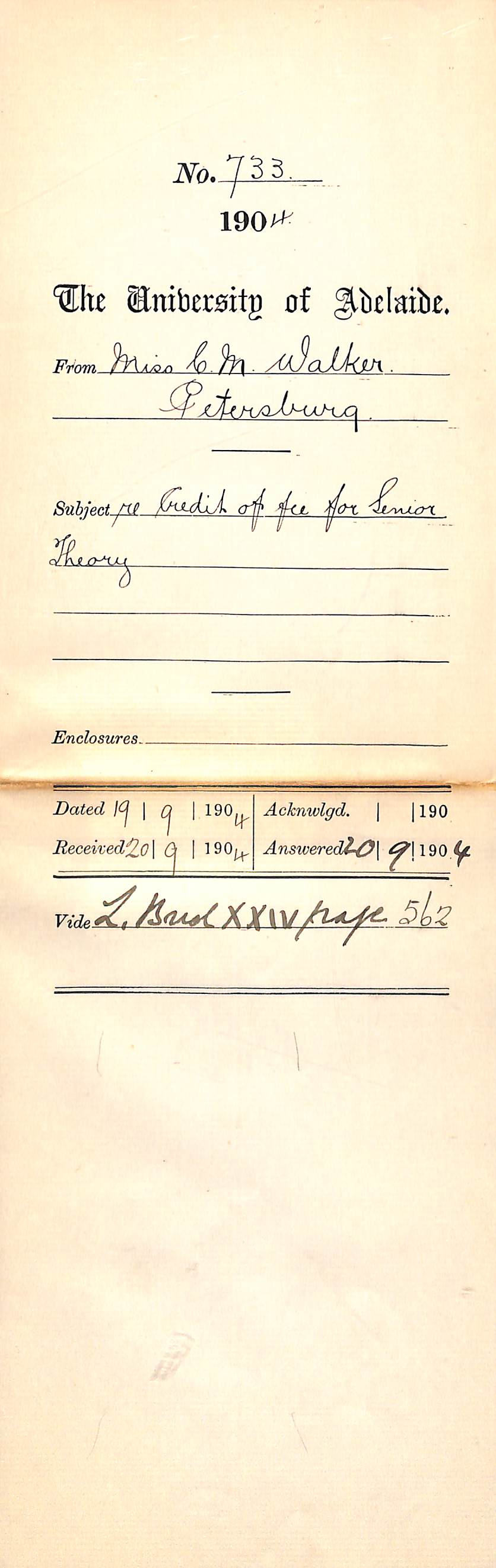 Re Credit of fee for Senior Theory