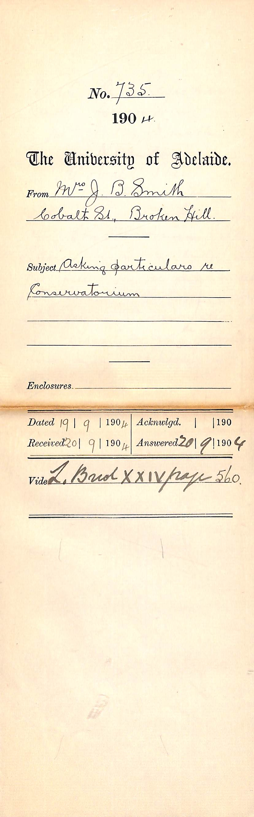 Asking particulars re Conservatorium - Smith