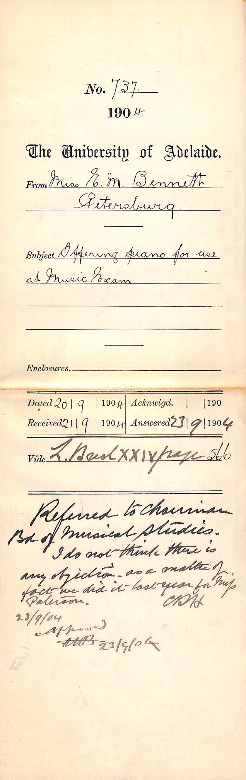 Offering piano for use at Music Exam