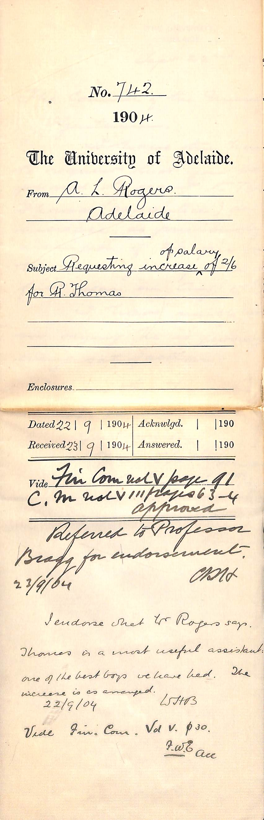 Requesting increase of Salary of 2s 6d for R Thomas