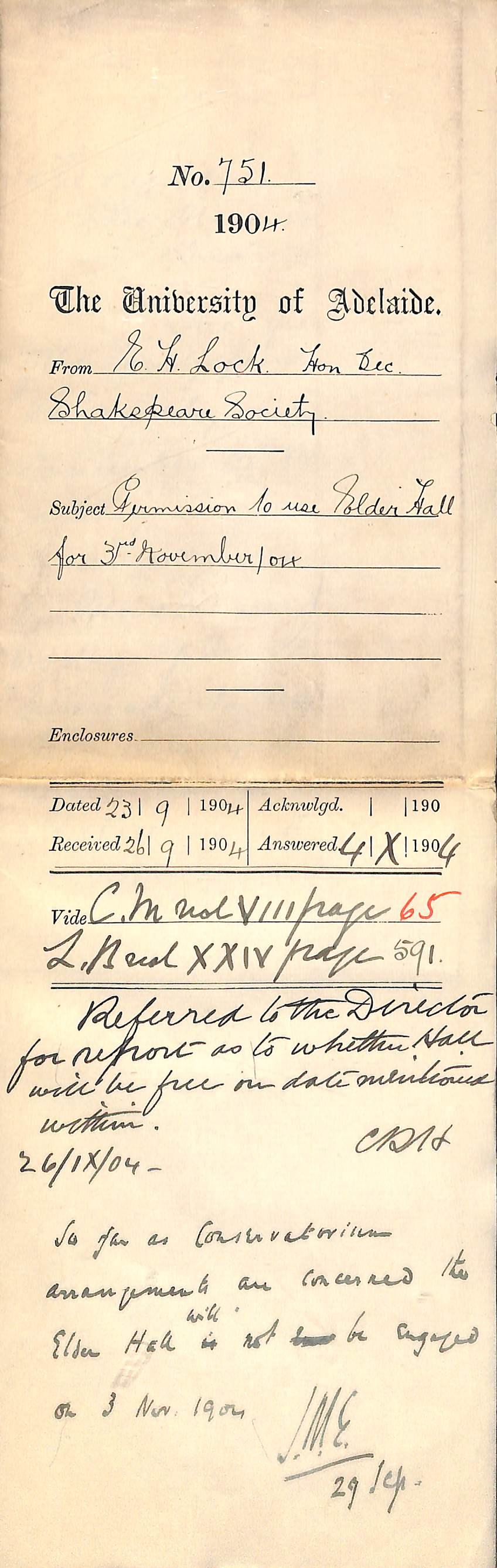 Permission to use Elder Hall for 3rd November 1904