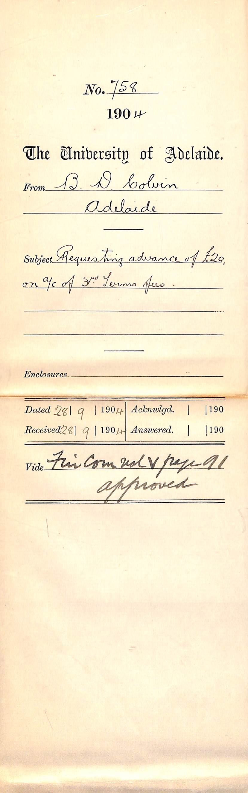 Requesting advance of &pound;20 on account of 3rd Terms fees