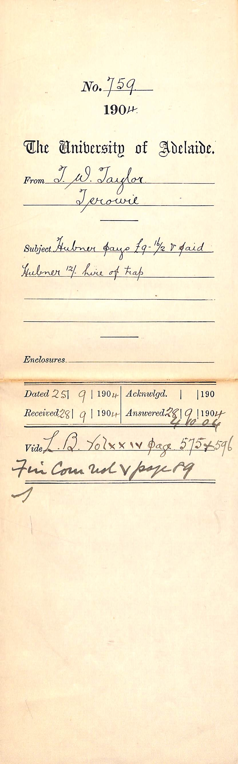 Hubner pays &pound;9-16-2 &amp; paid Hubner 12s hire of trap