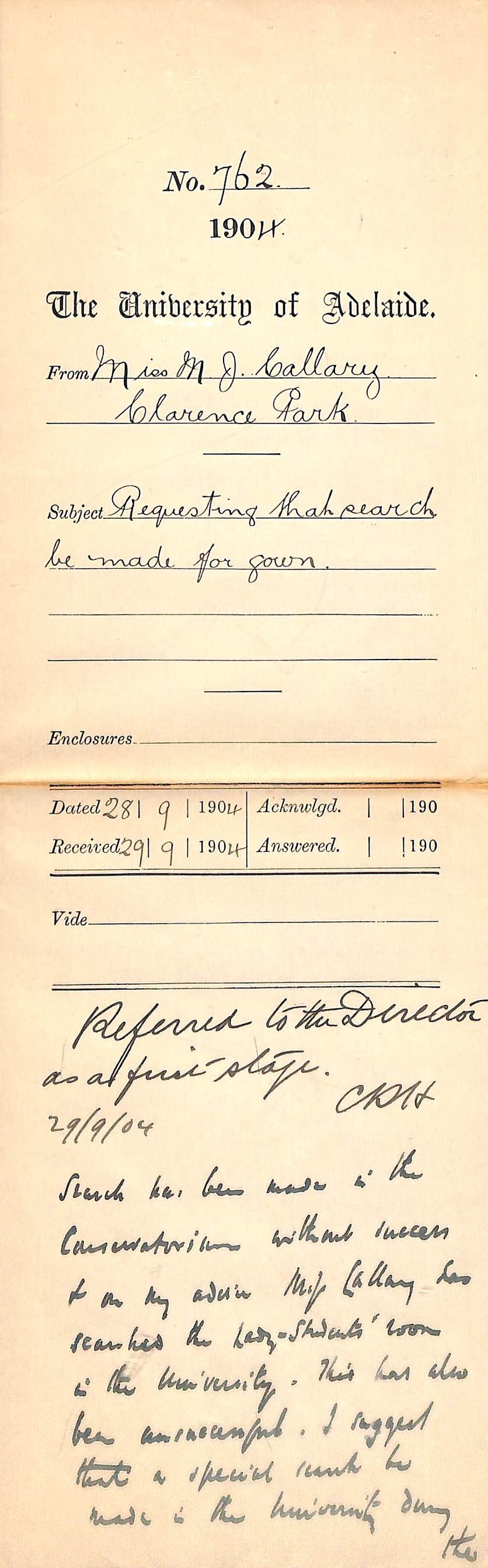 Requesting that search be made for gown