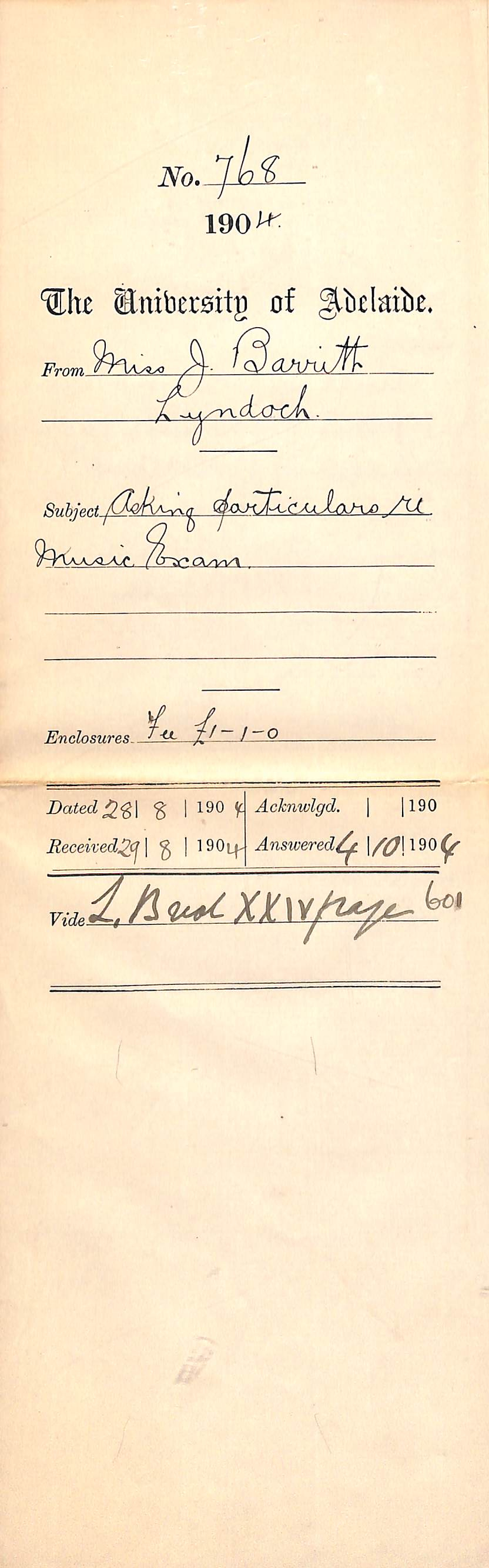 Asking particulars re Music Exam - Barritt