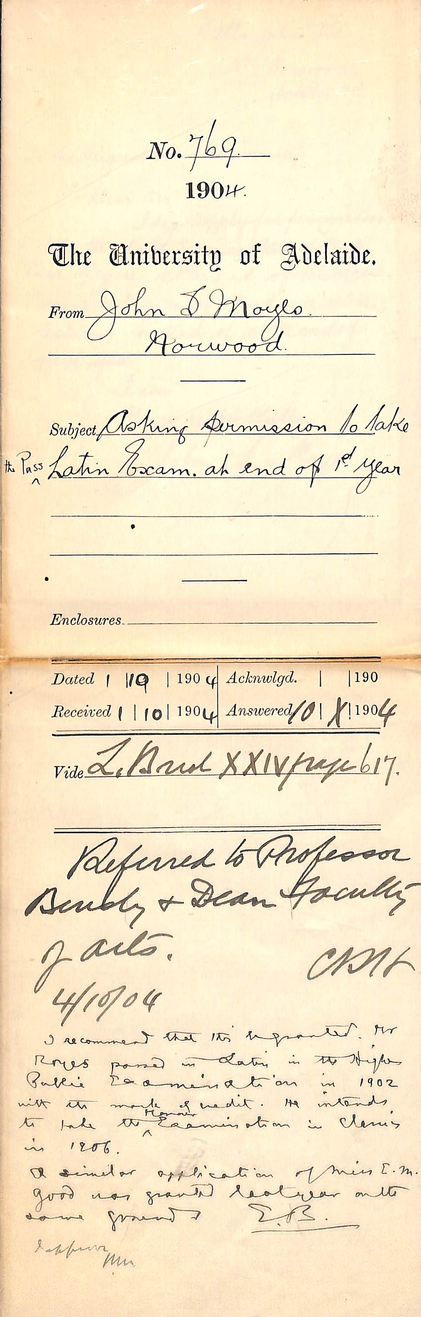 Asking permission to take the Pass Latin Examination at end of 1st Year