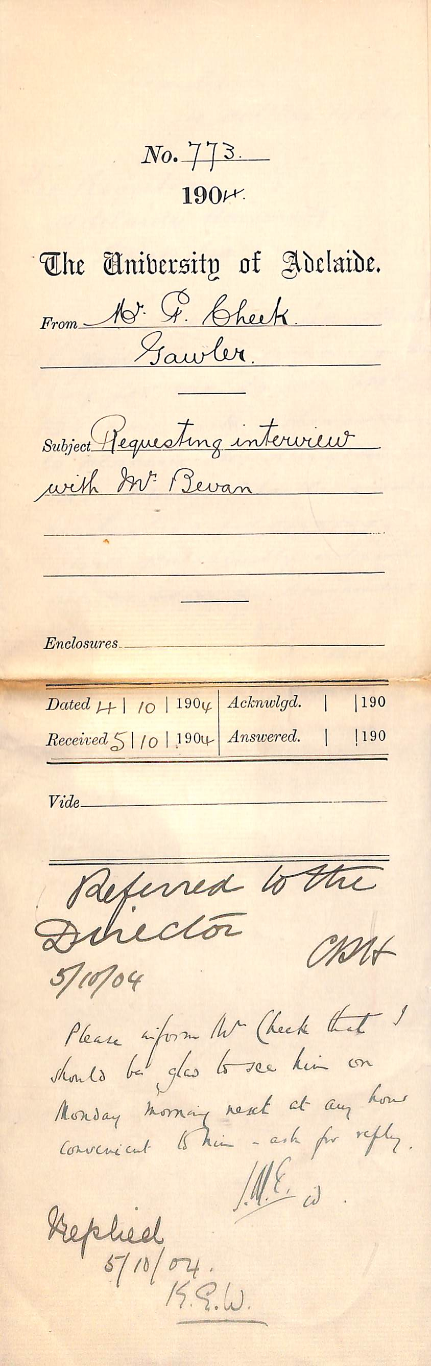 Requesting interview with Mr Bevan