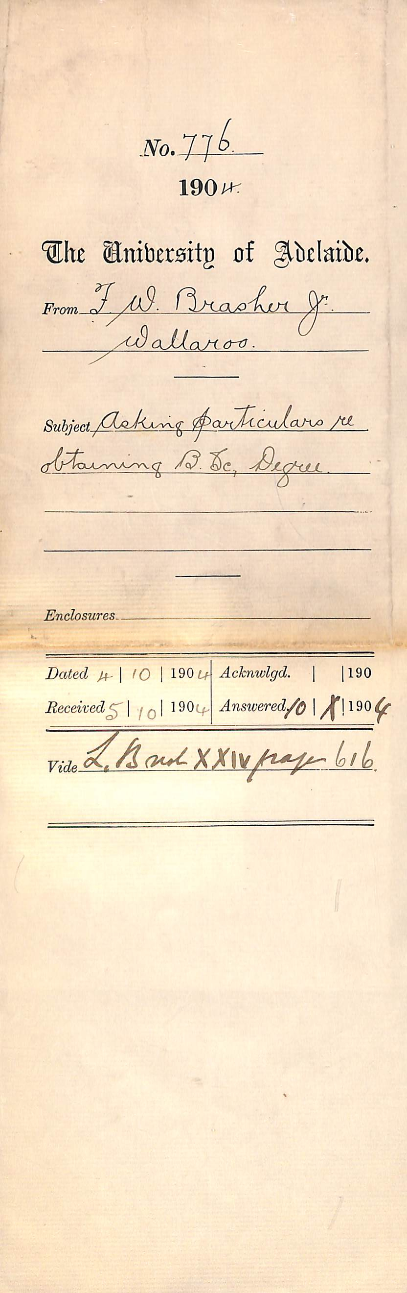 Asking particulars re obtaining B Sc Degree