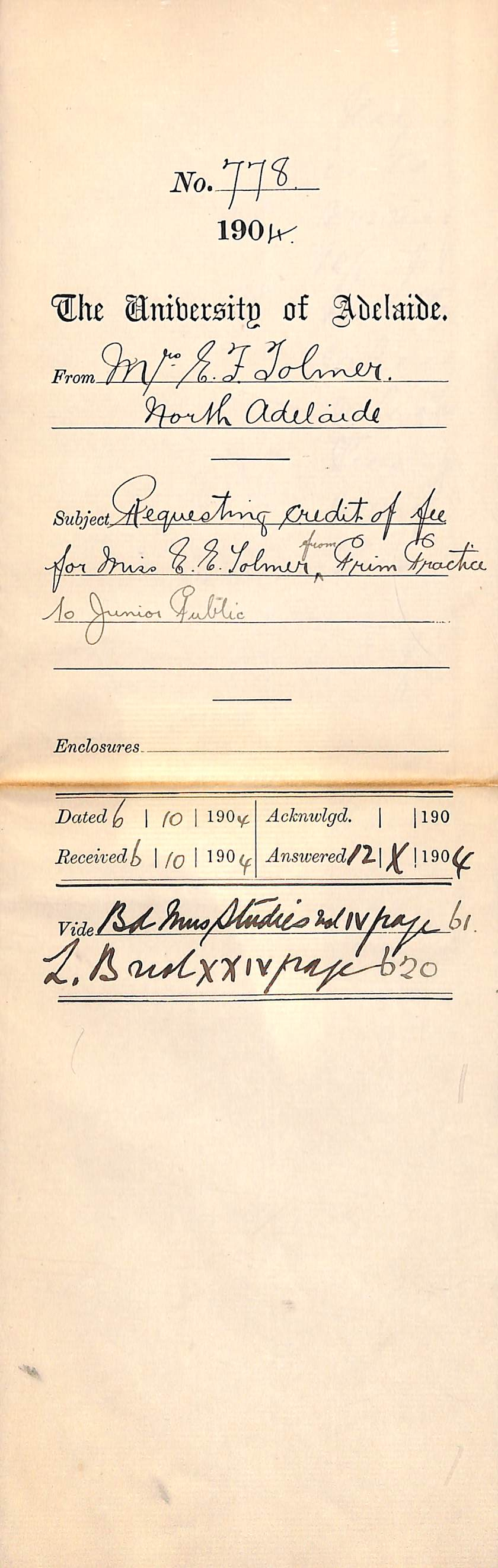 Requesting Credit of Fee for Miss E E Tolmer from Primary Practice to Junior Public