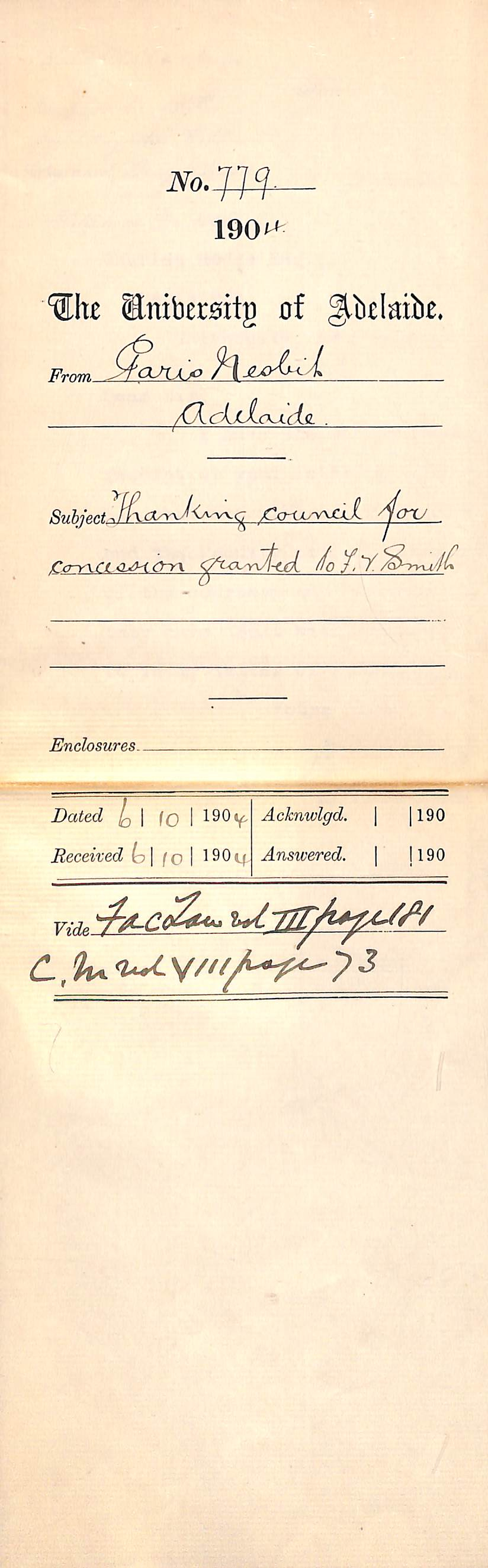 Thanking Council for Concession granted to F V Smith