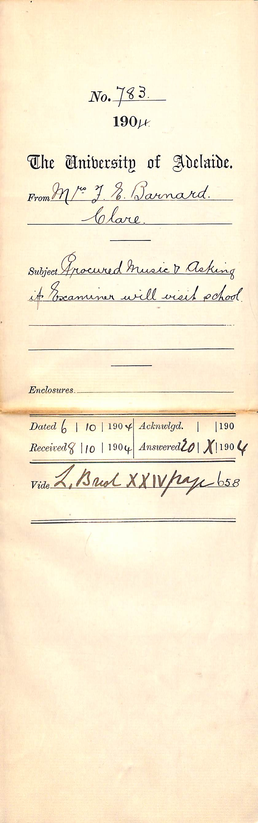 Procured Music - Asking if Examiner will visit School