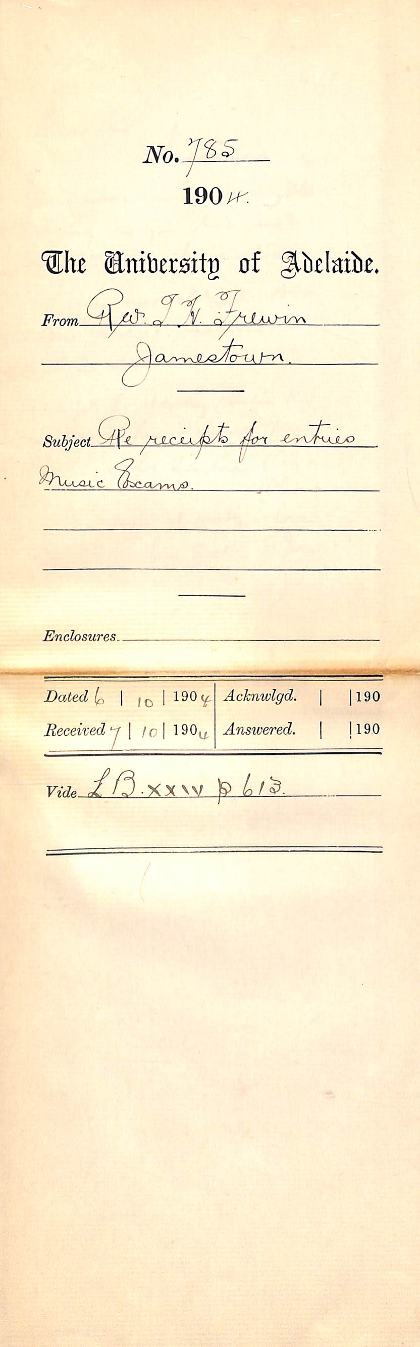 Re Receipts for Entries Music Exam