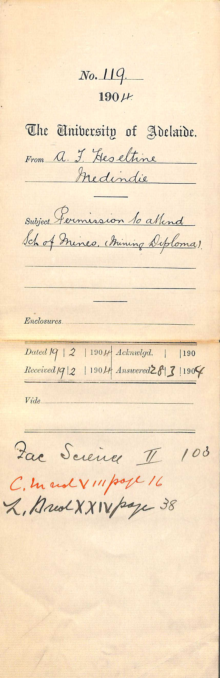 Permission to attend Lectures at the School of Mines