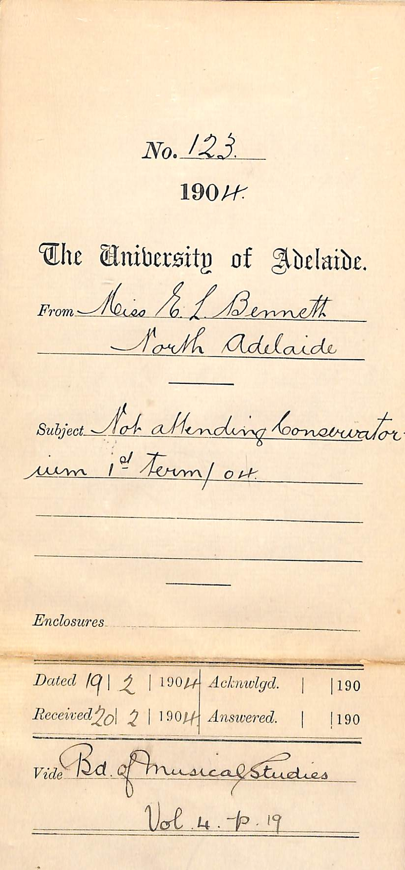 Not attending Conservatorium in 1st term 1904