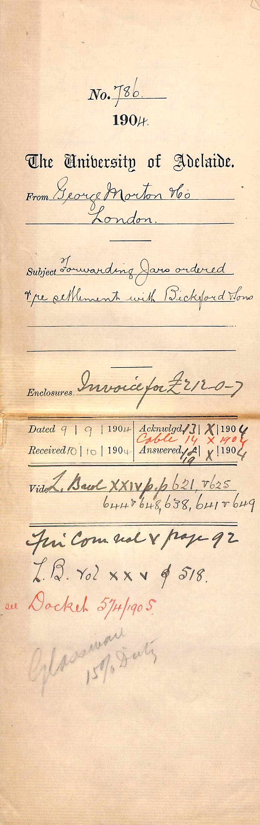 Forwarding Jars ordered - re settlement with Bickford and Sons