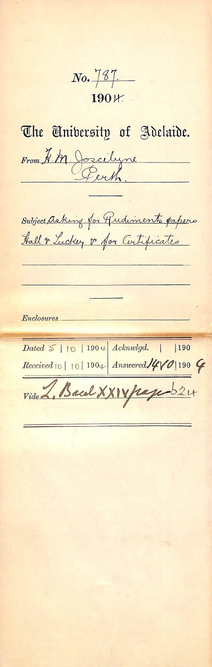 Asking for Rudiments Papers Hall &amp; Tuckey &amp; for Certificates