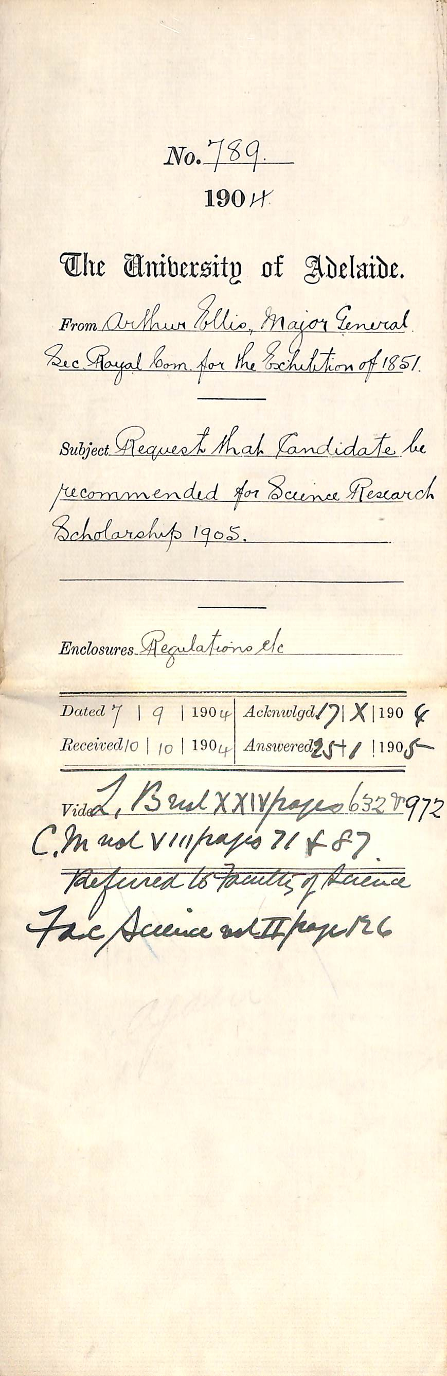 Request that Candidate be recommended for Science Research Scholarship 1905