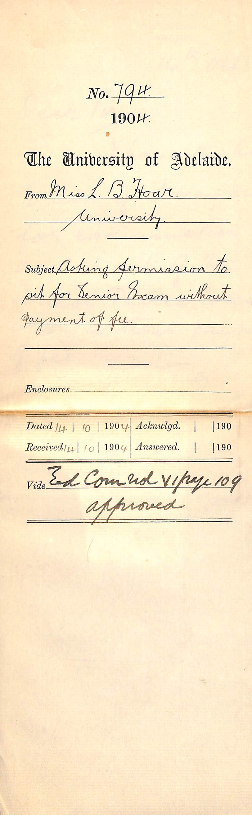 Asking permission to sit for Senior Exam without payment of fee