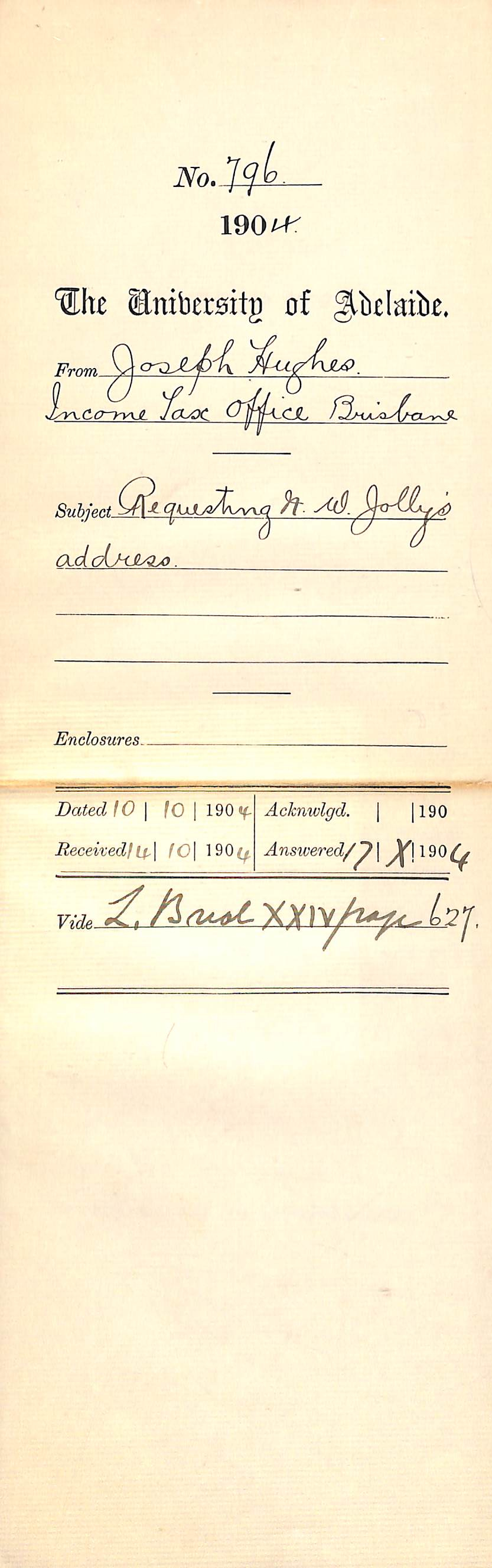 Requesting Norman William Jolly's address