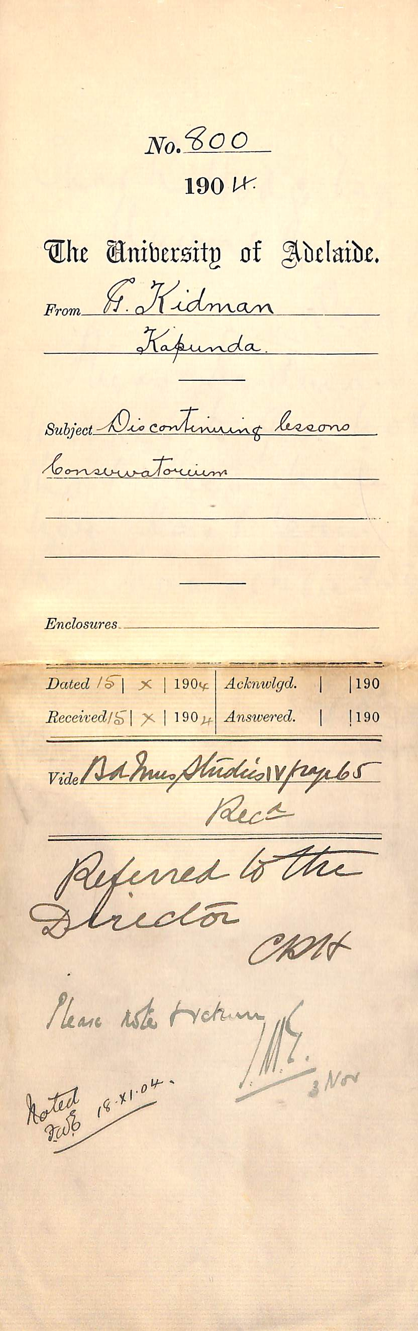 Discontinuing lessons Conservatorium - Kidman