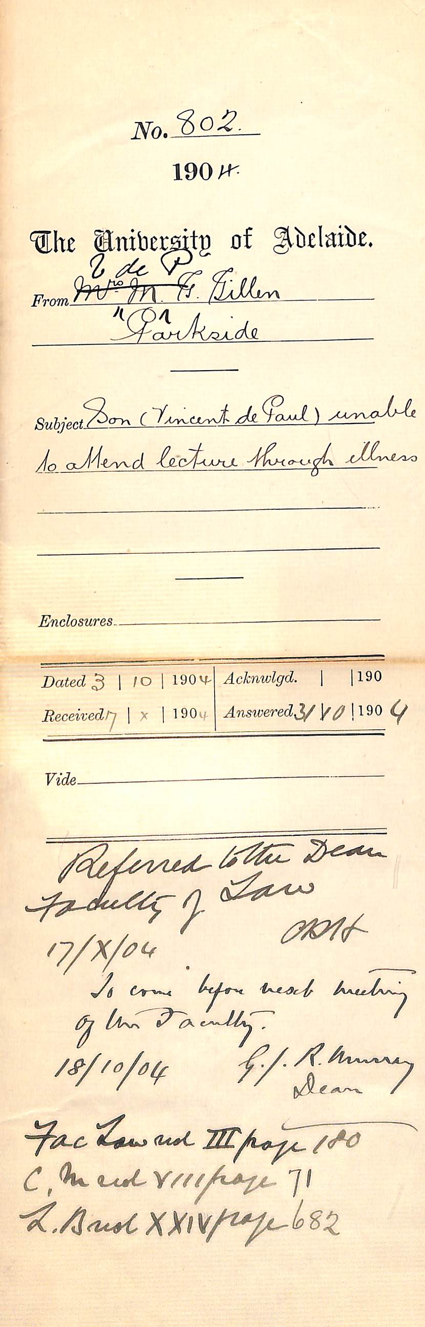 Son Vincent de Paul Gillen unable to attend lecture through illness