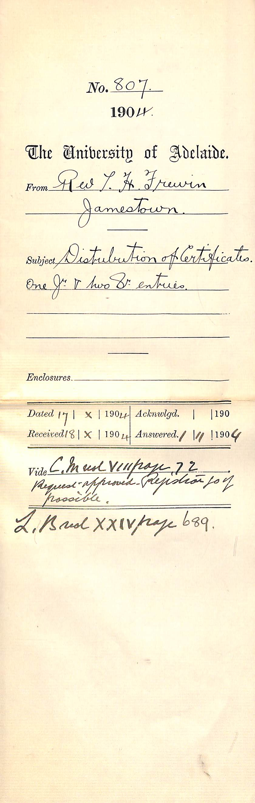 Distribution of Certificates One Junior and Two Senior Entries