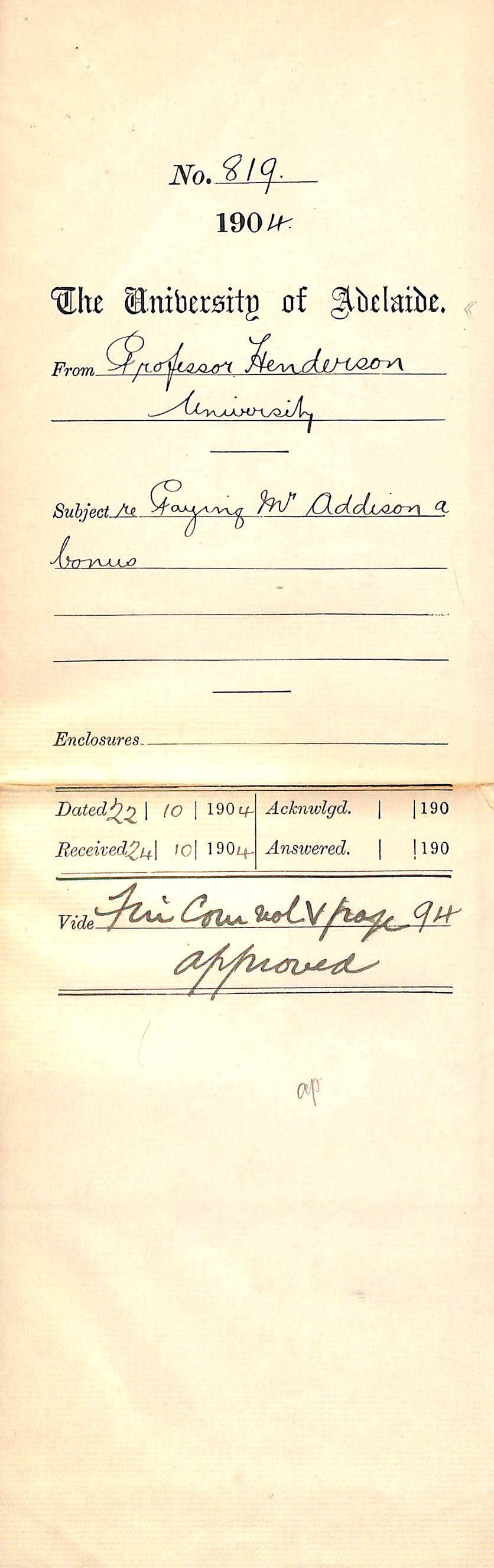 Re Paying Mr Addison a Bonus