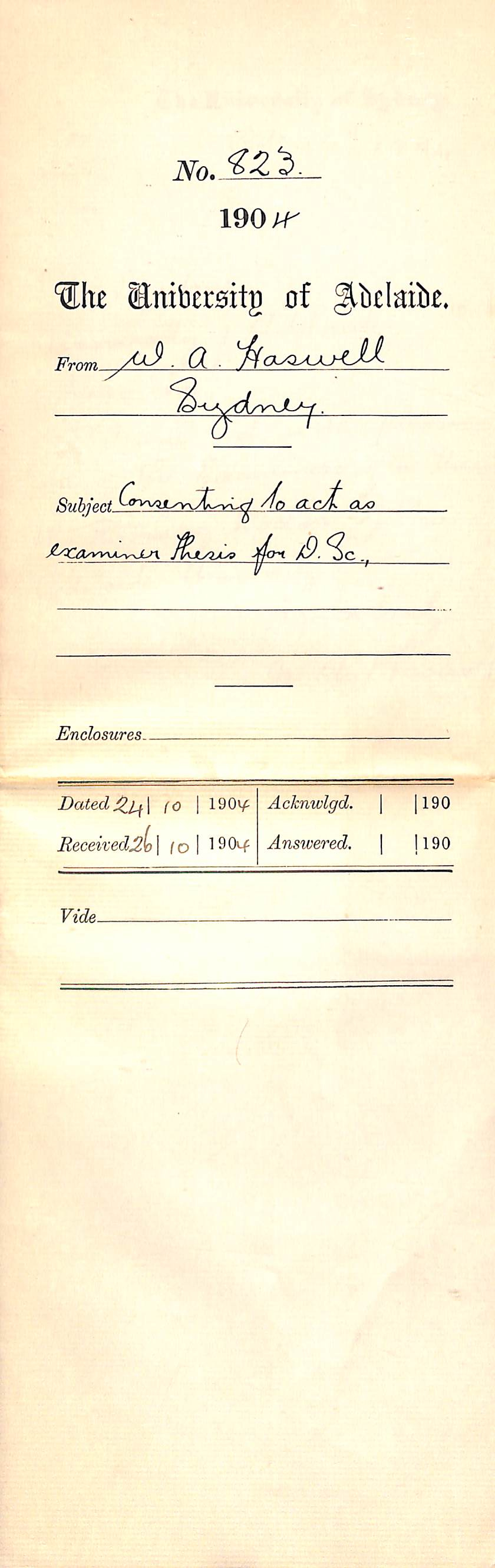 Consenting to act as Examiner Thesis for D Sc