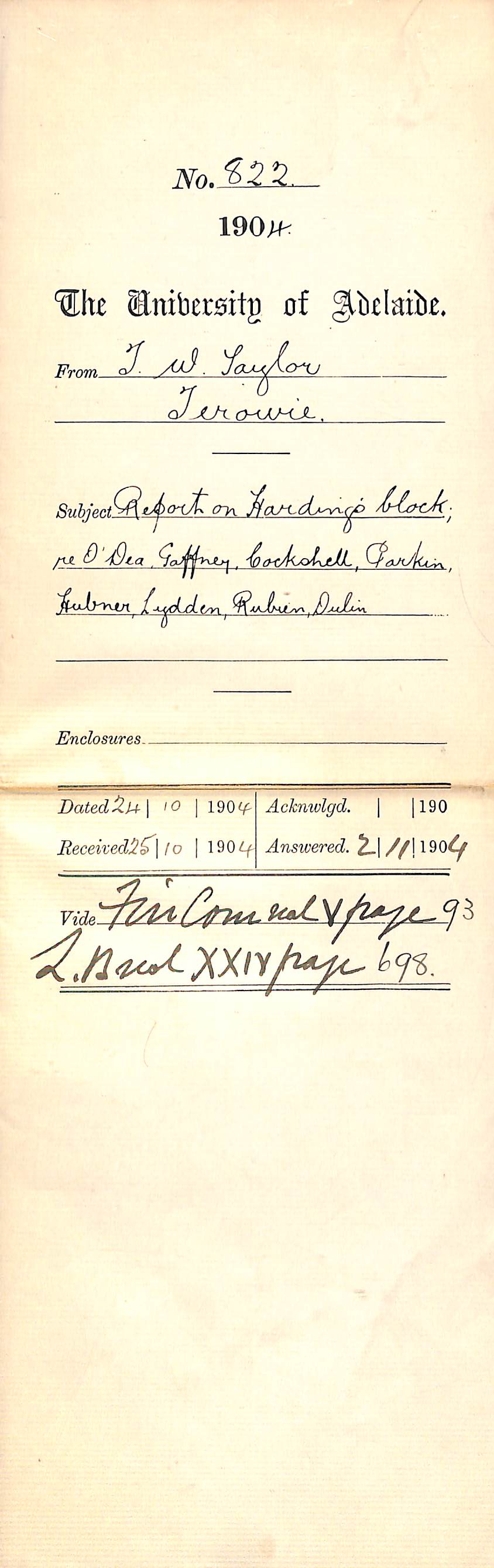 Report on Hardings block re O'Dea Gaffney Cockshell Parkin Hubner Lydden Rubien and Dulin