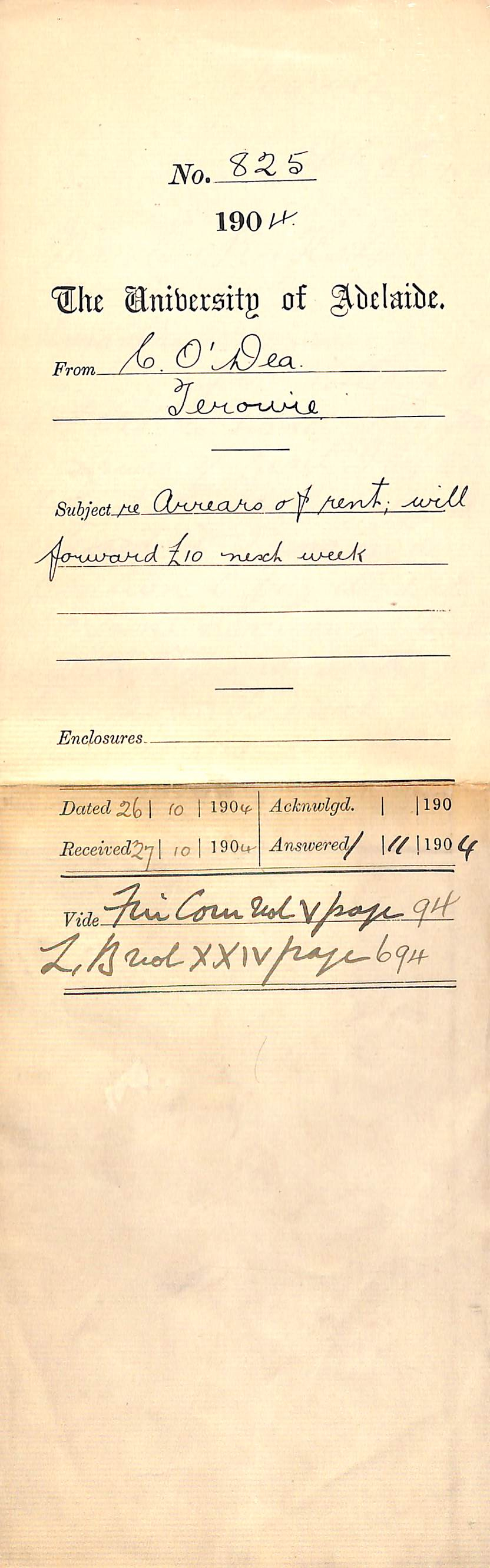 Re Arrears of rent will forward &pound;10 next week