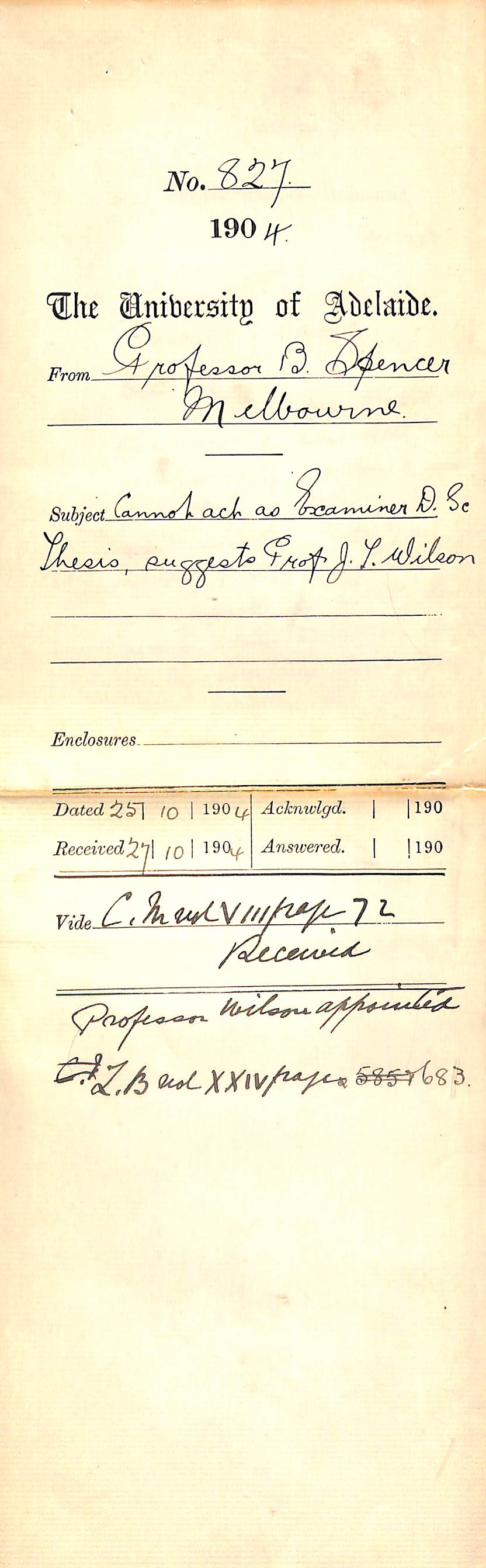 Cannot act as examiner D Sc Thesis suggests Professor J T Wilson